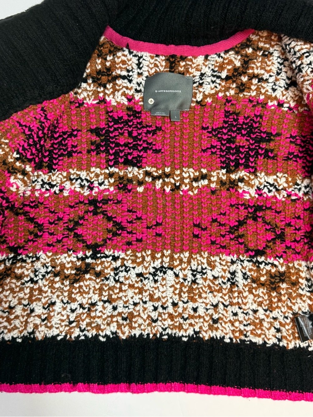 Anthropologie Thick knit Aztec Boho Black Shawl-Collar Cardigan 3 snap closure L - Picture 13 of 16